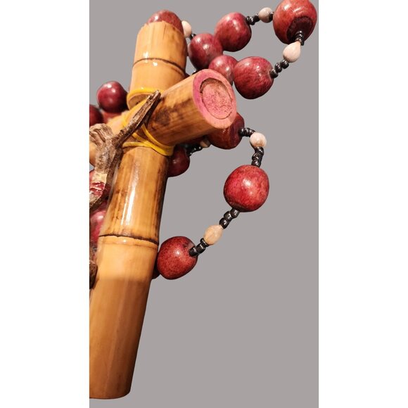 HUGE Handcrafted Wooden Rosary Necklace With Crucifix Red Beads & Yellow String - Picture 11 of 13